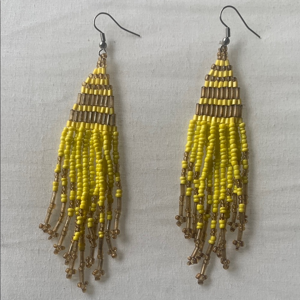 Yellow and Gold Beaded Beaded Earrings